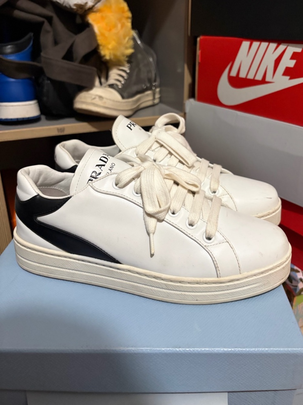 Prada White Leather Low-Top Sneakers with Black Accent